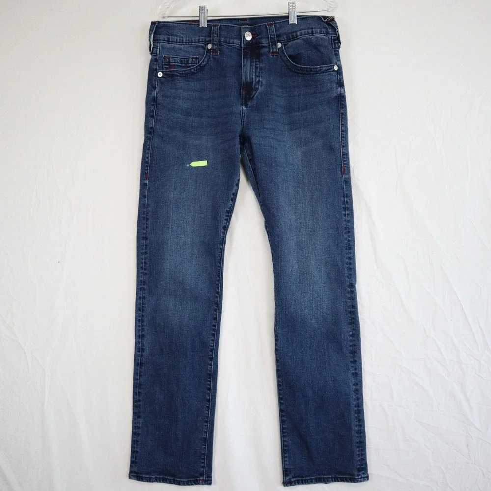 True‎ Religion Jeans Mens 34 Ricky Relaxed Straight Stretch Flex Denim Dark Blue